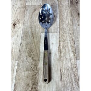 Vintage‎ Robinson Knife Co Spoon w/Holes 12" Stainless Steel Brown Wood Handle